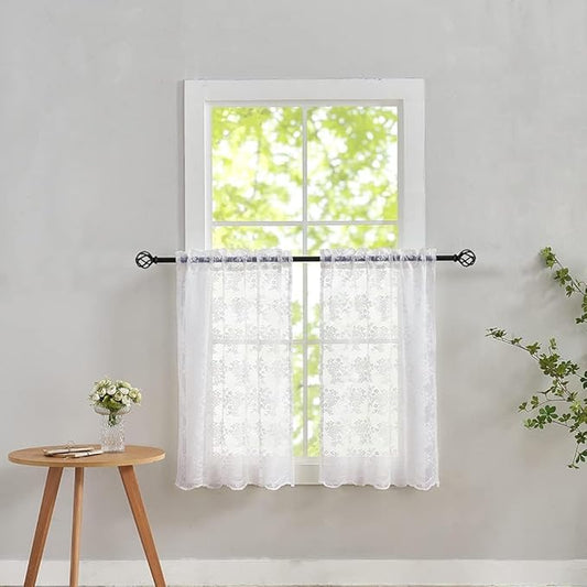 YJ YANJUN Vintage Lace Curtains 30 Inch Length Pair Short White Sheer Kitchen Cafe Curtains, Scalloped Half Window Tiers, Mini Front Door for Small Window Privacy, Desk Cabinet 26" x 30" White
