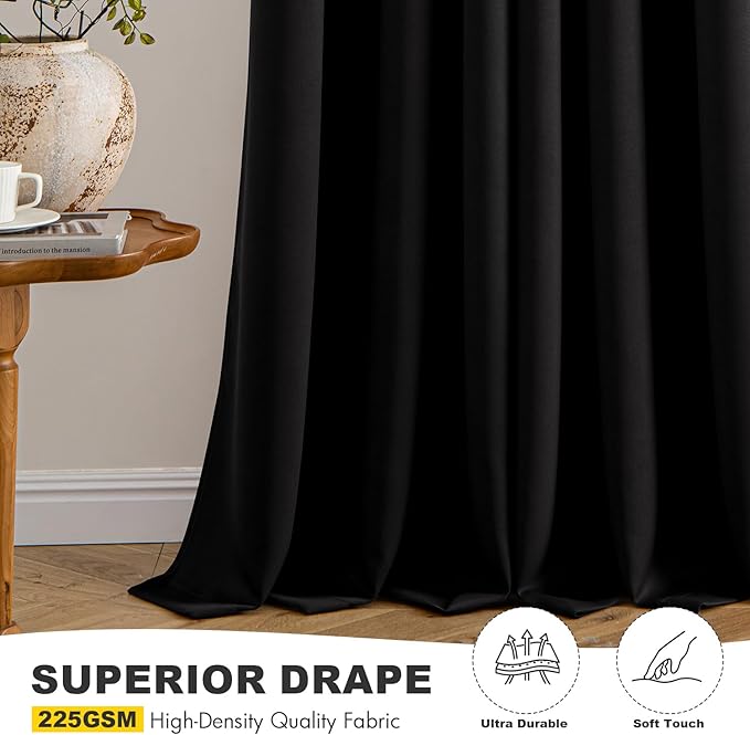 MIULEE Black Blackout Curtains for Bedroom Living Room 63 Inches Long 2 Panels, Thermal Insulated Room Darkening Drapes Solid Grommet Noise Reduction Light Blocking Window Treatments 34x63 Inch