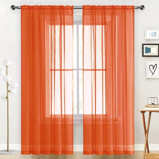 SpaceDresser Sheer Voile Window Treatment Rod Pocket Curtain Panels for Kitchen Bedroom Living Room Drapes Sunlight Filtering Privacy Semi Home Decor Assorted (Burnt Orange, 52 W x 72 L)