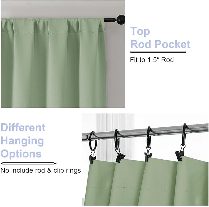 Simplebrand Ava Light Green Short Blackout Curtains for Bedroom 54 Inches Long 2 Panels Set, Solid Thermal Insulated, Energy Saving Window Treatment Curtains Blackout Drapes, W40 x L54 Inch