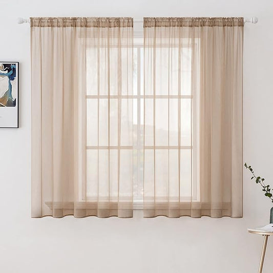 MIULEE 2 Panels Solid Color Sheer Window Curtains Elegant Window Voile Panels/Drapes/Treatment for Bedroom Living Room (54X54 Inches Brown)