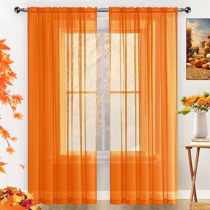 SpaceDresser Basic Rod Pocket Sheer Voile Window Curtain Panels White 1 Pair 2 Panels 70 Width 63 Inch Long for Kitchen Bedroom Children Living Room Yard(Orange,70 W x 63 L)