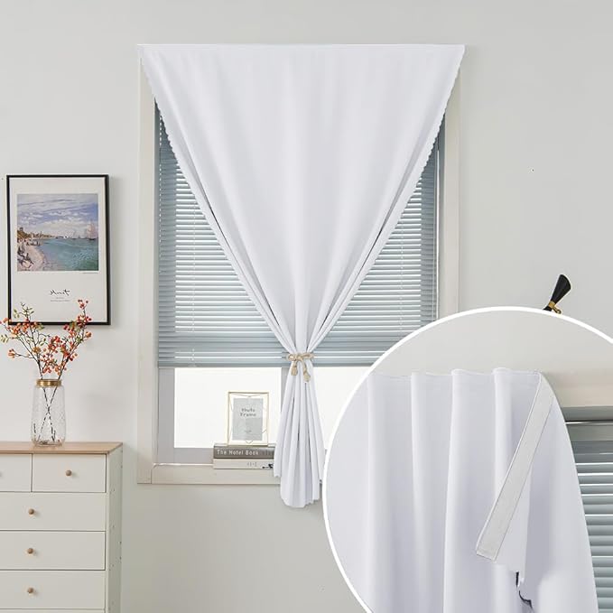 self Adhesive Curtains Portable Blackout Curtain Simple and Easy to Install Bedroom Window Thermal Lnsulated Kitchen Room Darkening Black Small Drapes, 47" W X 59" L, White, 1 Panel