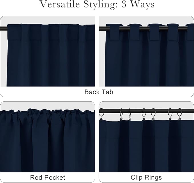 Pony Dance Blackout Curtain Panels for Kitchen, Cafe Curtains for Bathroom, Thermal Insulated Blackout Draperies Window Treatment Tiers (2 Panels, Navy Blue, 34x45 Inch)