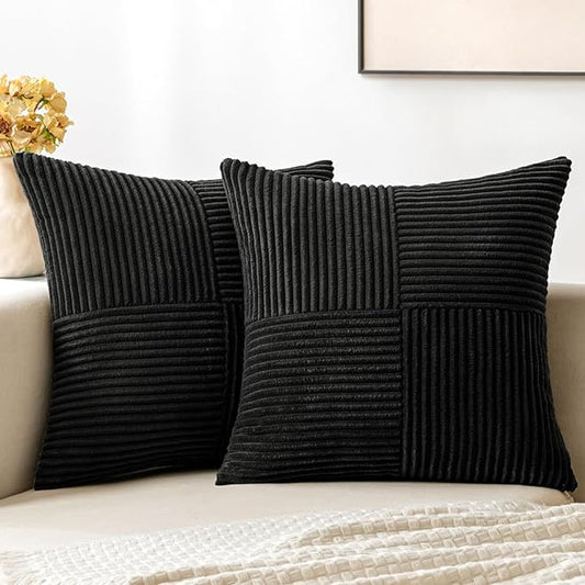 MIULEE Black Decorative Throw Pillow Covers 18x18 Inch for Couch Bed Sofa Pack of 2 Boho Farmhouse Throw Pillows Soft Cross Corduroy Patchwork Textured Cushion Cases