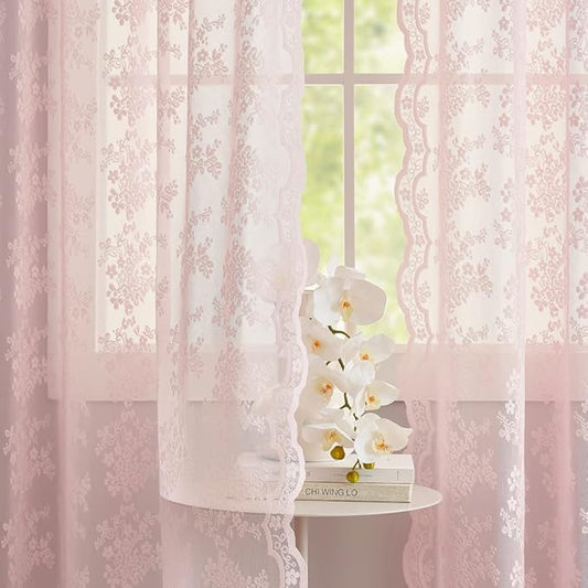 YJ YANJUN Vintage Lace Curtains 84 Inches Long- Pretty Pastel Floral Pink Sheer Curtain Panels for Living Room Girl Bedroom,Light Filtering, Cute Princess Girls Room Drapes 2 Panels 52W x 84L