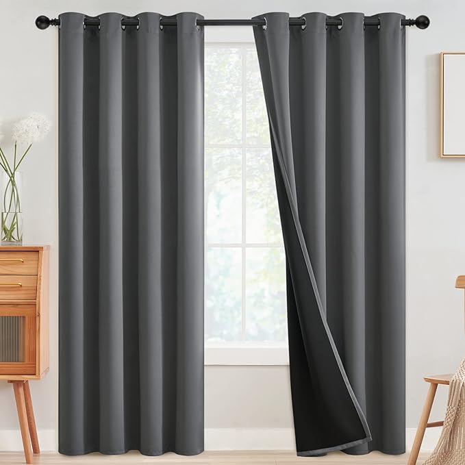 SimpleHome 100% Blackout Curtains for Bedroom,Thermal Insulated Grommet Window Drapes Room Darkening Grey Curtains for Living Room with Black Back,52 x 96 Inch,2 Panels