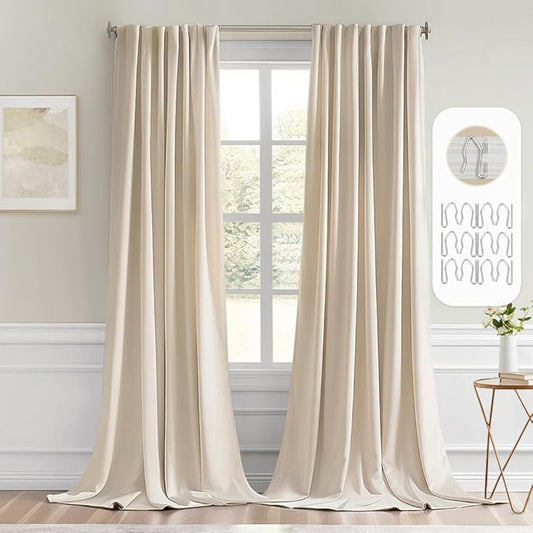 MIULEE Back Tab Cream Beige Curtains 105 Inch Long 2 Panels Set for Living Room Bedroom, Ivory Rod Pocket/Pinch Pleated Light Blocking Thermal Insulated Room Darkening Floor to Ceiling Blackout Drapes