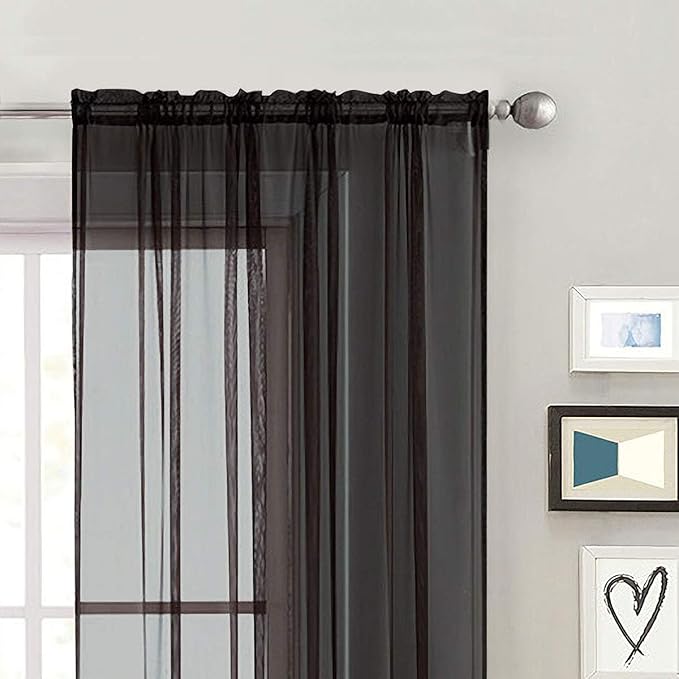SpaceDresser Sheer Voile Window Treatment Rod Pocket Curtain Panels for Kitchen Bedroom Living Room Drapes Sunlight Filtering Privacy Semi Home Decor Assorted (Black, 52 W x 72 L)