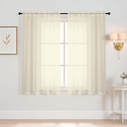 Cream Window Sheer Curtains 45 Inches Length, Voile Short Curtains for Living Room Bedroom, Modern Soft Window Drapes 2 Panels Set, Top Dual Rod Pocket Design, 2x42Wx45L Inches