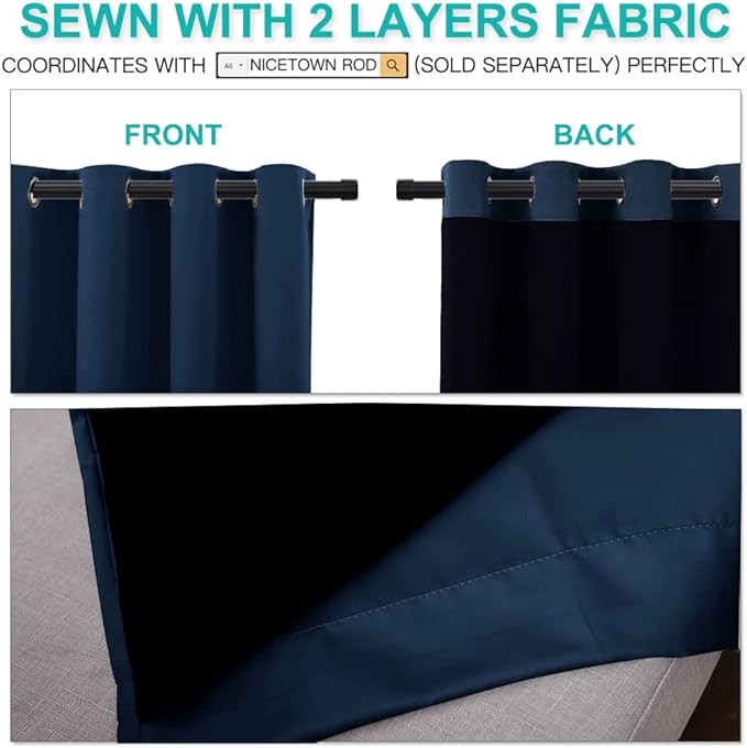NICETOWN 100% Blackout Curtain Panels, Thermal Insulated Black Liner Curtains for Nursery Room, Noise Reducing and Cold Blocking Drapes for Windows (Navy Blue, Set of 2, 52-inch Wide by 63-inch Long)