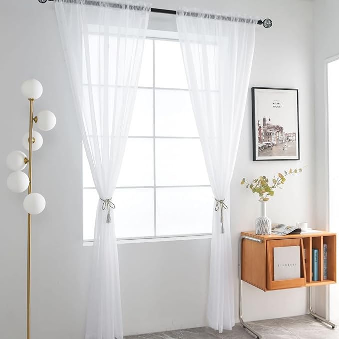 SpaceDresser Basic Rod Pocket Sheer Voile Window Curtain Panels White 1 Pair 2 Panels 52 Width 90 Inch Long for Kitchen Bedroom Children Living Room Yard(White,52 W x 90 L)