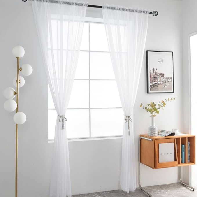 SpaceDresser Basic Rod Pocket Sheer Voile Window Curtain Panels White 1 Pair 2 Panels 70 Width 63 Inch Long for Kitchen Bedroom Children Living Room Yard(White,70 W x 63 L)