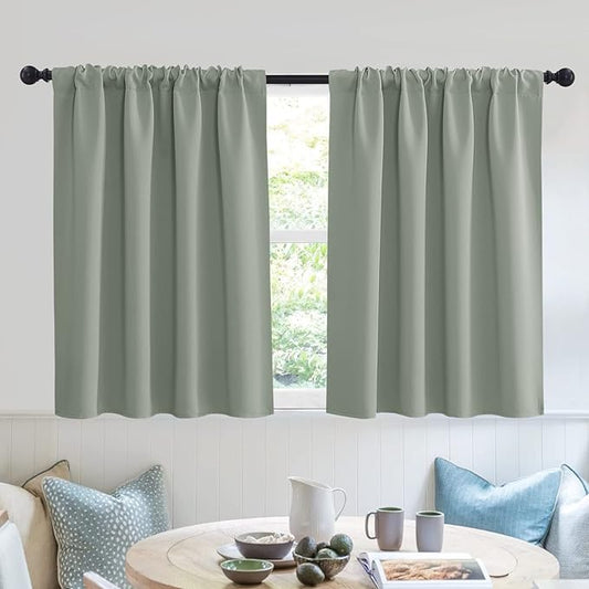 RYB HOME Short Blackout Curtains for Small Window, Sunmmer Heat Light Blocking Privacy Protection Curtains for Sunroom Laundry Room Stair Window, Width 52 by Length 36, Greyish Green, Set of 2