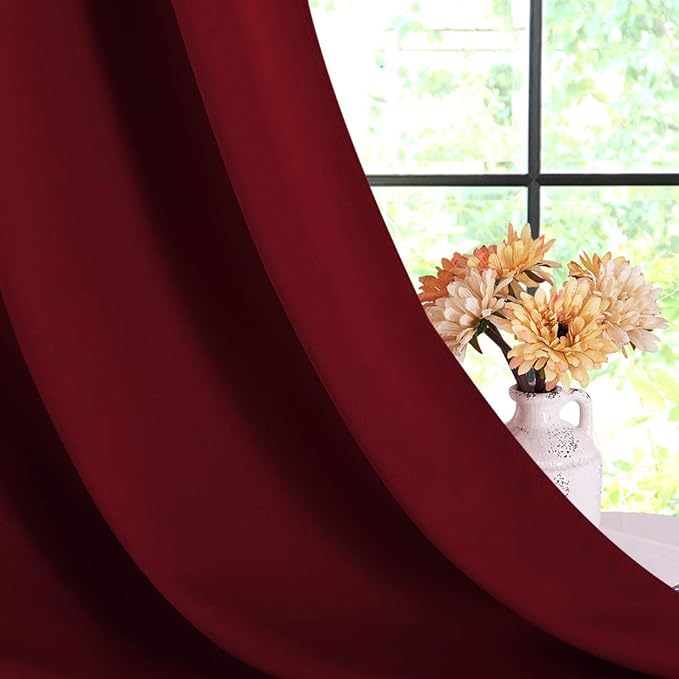 NICETOWN Christmas Burgundy Bedroom Curtains Blackout Draperies, Home Decorations Thermal Insulated Solid Grommet Blackout Drapes for Cafe (One Pair, 70 x 84-inch)