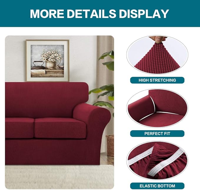 Turquoize 4 Piece Sofa Covers for 3 Cushion Couch Sofa Slipcover Soft Couch Cover for Dogs-Washable Sofa Furniture Covers with 3 Individual Cushion Covers,Jacquard Fabric(3 Cushion Sofa, Burgundy)