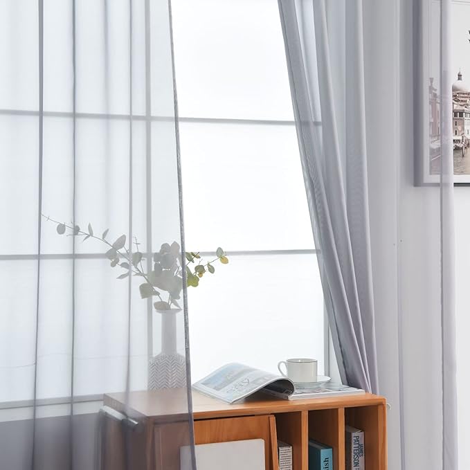 SpaceDresser Sheer Voile Window Treatment Rod Pocket Curtain Panels for Kitchen Bedroom Living Room Drapes Sunlight Filtering Privacy Semi Home Decor Assorted Colors Sizes (Grey, 52 W x 108 L)