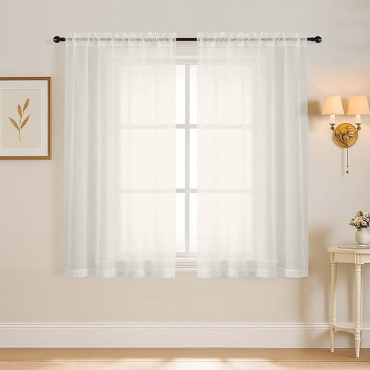 Ivory Window Sheer Curtains 45 Inches Length, Voile Short Curtains for Living Room Bedroom, Modern Soft Window Drapes 2 Panels Set, Top Dual Rod Pocket Design, 2x42Wx45L Inches