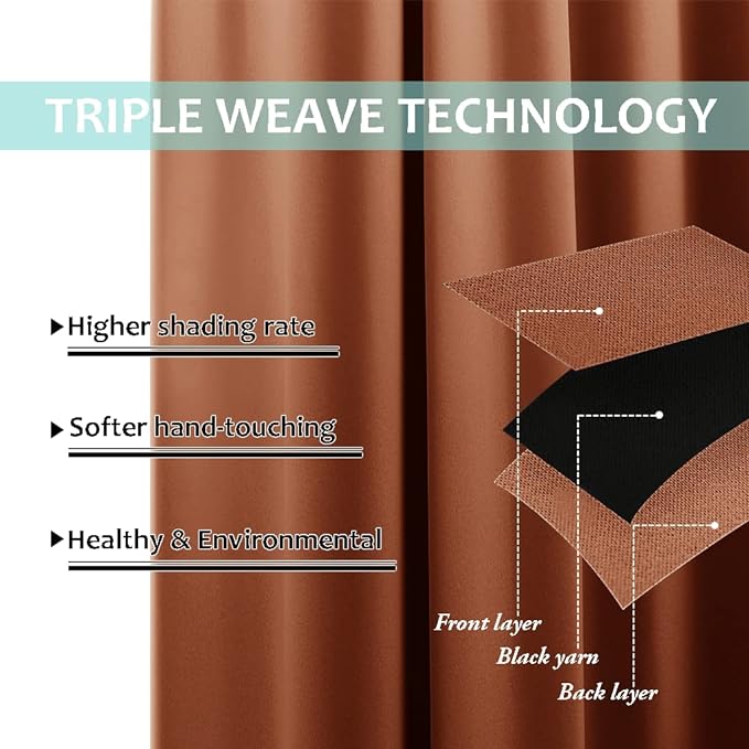 NICETOWN Burnt Orange 100% Blackout Lined Curtains, 2 Thick Layers Completely Blackout Window Treatment Thermal Insulated Drapes for Kitchen/Bedroom (1 Pair, 70" Width x 63" Length Each Panel)