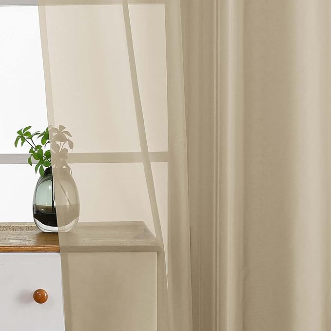 Taupe Small Sheer Curtains Tier 24 Inches Length 2 Pieces, Light Filtering Cafe Curtains Sheers for Living Room Bathroom, Modern Window Treatments Dual Rod Pocket Panels, 2X42Wx24L Inches