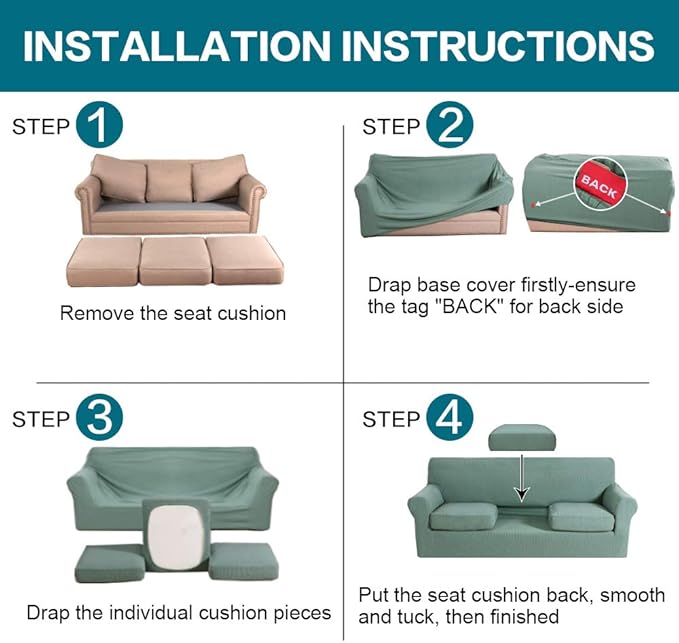 Turquoize 4 Piece Sofa Covers for 3 Cushion Couch Sofa Slipcover Soft Couch Cover for Dogs-Washable Sofa Furniture Covers with 3 Individual Cushion Covers,Jacquard Fabric (3 Cushion Sofa, Dark Cyan)