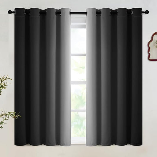SimpleHome Black Ombre 100% Blackout Curtains for Bedroom 45 Inches Long, Room Darkening Thermal Insulated Grommet Curtains for Living Room, 2 Panels, 52x45 inches Length