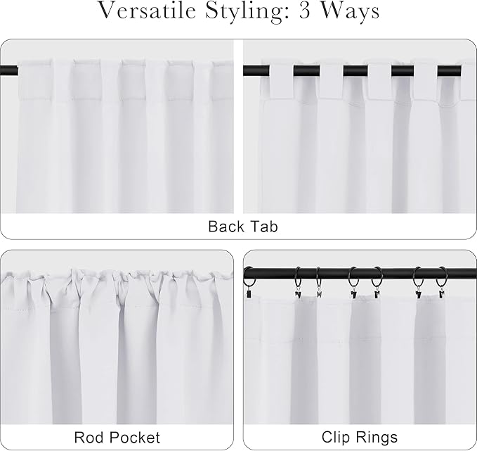PONY DANCE White 50% Lighting Blocking Curtains for Bathroom, Short Non-See-Through Thermal Insulated Room Darkening Back Tab Small Drapes for Nursery Bedroom Window, W34 x L45, Pure White, 2 Panels