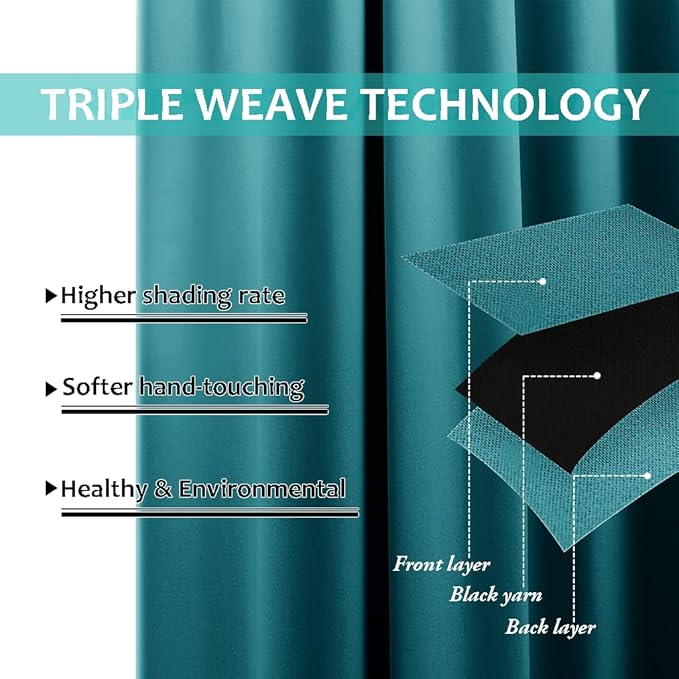 NICETOWN 100% Blackout Short Curtains with Black Liners, 2 Panels, 37" W by 40" L, Peacock Teal, Solid Thermal Insulated Full Blackout 2-Layer Lined Drapes, Energy Efficiency Window Drapes for Bedroom