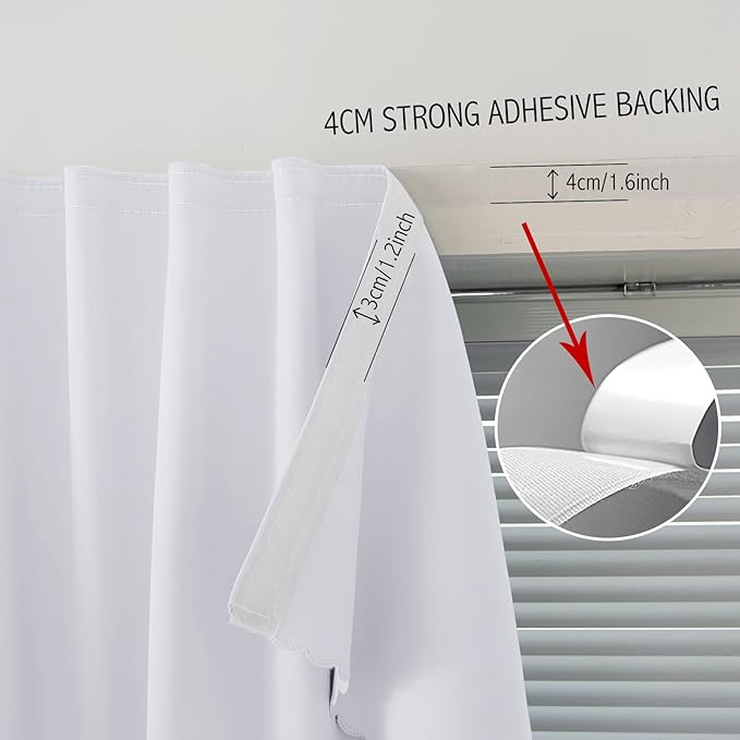 Self Adhesive Curtains Portable Blackout Curtain Simple and Easy to Install Bedroom Window Thermal Lnsulated Kitchen Room Darkening Black Small Drapes, 59" W X 96" L, White, 1 Panel