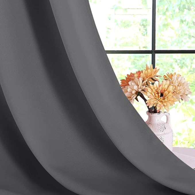 NICETOWN Bedroom Curtains Blackout Drapery Panels, 2 Panels, 42 x 80 inches, Gray, Three Pass Microfiber Thermal Insulated Solid Ring Top Blackout Window Curtains/Drapes