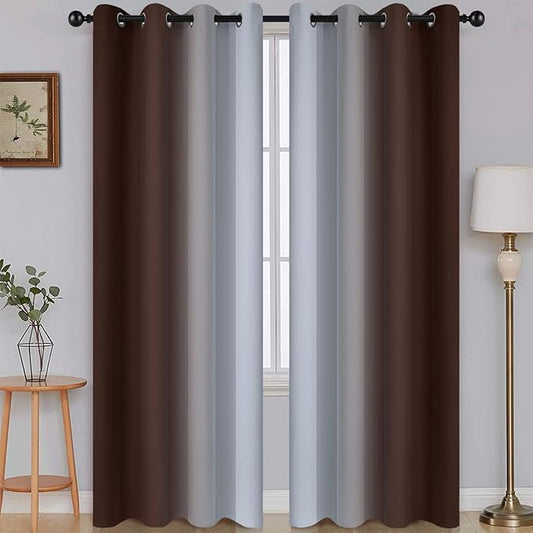 SimpleHome Ombre Room Darkening Curtains for Living Room, Light Blocking Gradient Brown to Greyish White Thermal Insulated Grommet Window Curtains/Drapes for Bedroom, 2 Panels, 52x84 inches Length