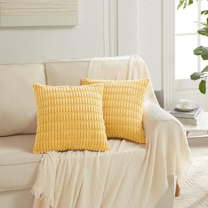 Fancy Homi 4 Packs Yellow Big Decorative Throw Pillow Covers 24x24 Inch for Living Room Couch Bed Sofa, Fall Farmhouse Boho Home Decor, Soft Striped Corduroy Square Cushion Case 60x60 cm