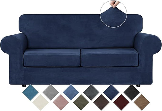 WEERRW Velvet Couch Covers for 2 Cushion Couch Sofa - High Stretch Luxury Velvet Plush 3 Pieces Sofa Slipcovers with Elastic Bottom, Furniture Protector for Pets, Machine Washable, Navy Blue, Medium