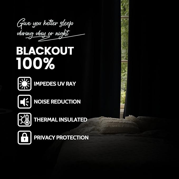Yakamok 100% Blackout Curtains Black Room Darkening Thermal Insulated Window Curtain with 2 Thick Layers-Set of 2 Panels Grommet Top Drapes for Bedroom Living Room 38 Inches by 84 Inches Length