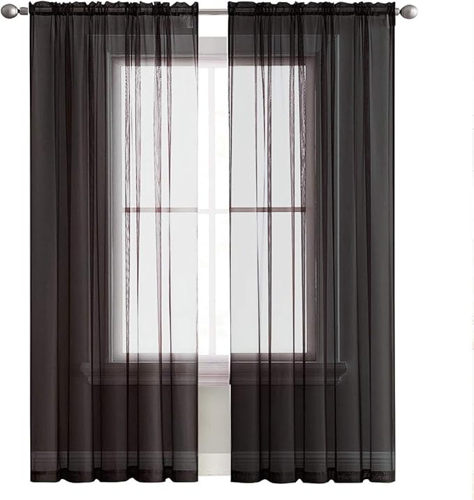 SpaceDresser Black Sheer Curtains 4 Panels Rod Pocket Semi-Sheer Curtain 84 Inches Long Light Filtering Voile Window Drapes for Bedroom Living Room Kitchen, Each 52W x 84L