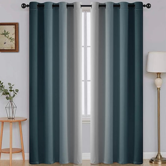 SimpleHome Ombre Room Darkening Curtains for Bedroom, Gradient Stone Blue to Grey White Light Blocking Thermal Insulated Grommet Window Curtain/Drapes for Living Room,2 Panels, 52x84 inches Length