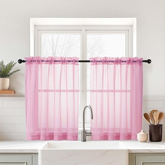 Light Pink Sheer Curtains Tier 30 Inches Length 2 Panels, Light Filtering Lightweight Soft Window Treatments Drapes, Cute Elegant Cafe Curtains for Nursery, Dual Rod Pocket, 2x42Wx30L Inches