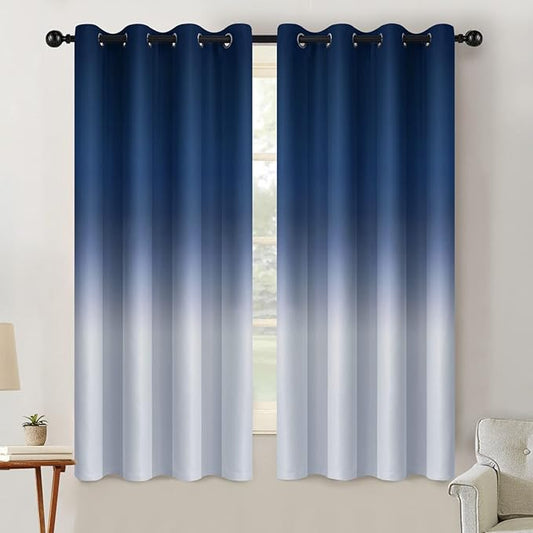 SimpleHome Ombre Room Darkening Curtains for Living Room, Light Blocking Gradient Blue to Grey White Thick Thermal Insulated Grommet Window Curtains/Drapes for Bedroom, 2 Panels, 52x63 inches Length