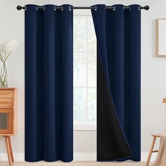 SimpleHome 100% Blackout Curtains for Bedroom,Thermal Insulated Grommet Window Drapes Room Darkening Navy Blue Curtains for Living Room with Black Back,42 x 84 Inch,2 Panels