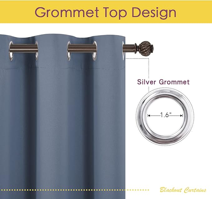 NICETOWN Blackout Draperies Curtains for Kids Room, Window Treatment Thermal Insulated Solid Grommet Blackout Drape Panels for Bedroom (Set of 2 Panels, 42 by 54 Inch, Stone Blue)