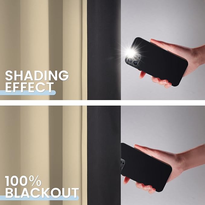 SimpleHome 100% Blackout Curtains for Bedroom,Thermal Insulated Beige Grommet Window Drapes Room Darkening Curtains for Living Room with Black Back,52 x 72 Inch,2 Panels