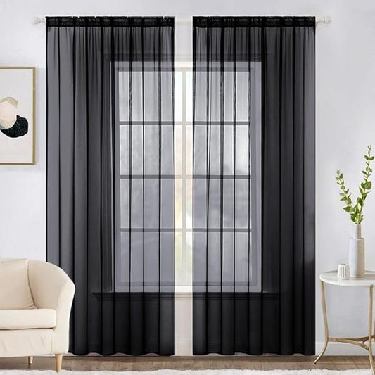 MIULEE 2 Panels Solid Color Sheer Window Curtains Elegant Halloween Window Voile Panels/Drapes/Treatment for Bedroom Living Room (54X90 Inches Black)