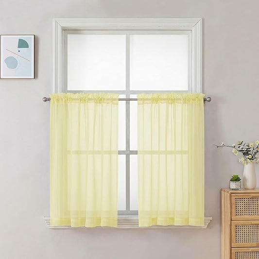 Chyhomenyc Sheer Curtains 36 inch Length 2 Panels Set - Light Filtering Voile Rod Pocket Short Window Curtians for Bathroom Living Room Farmhouse Small Windows, 42Wx36L inches, Light Yellow