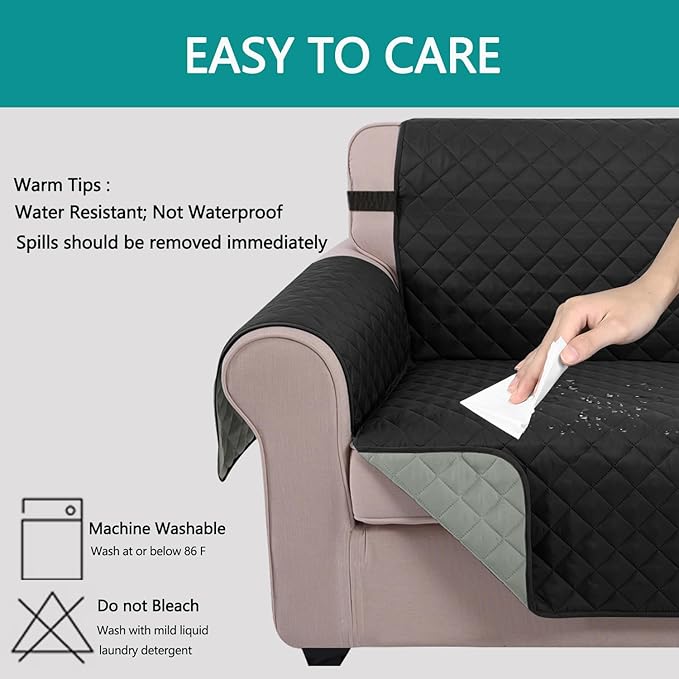 U-NICE HOME Reversible Sofa Cover Couch Cover for Dogs with Elastic Straps Water Resistant Furniture Protector for Pets Couch Cover for 3 Cushion Couch (Sofa, Black/Grey)