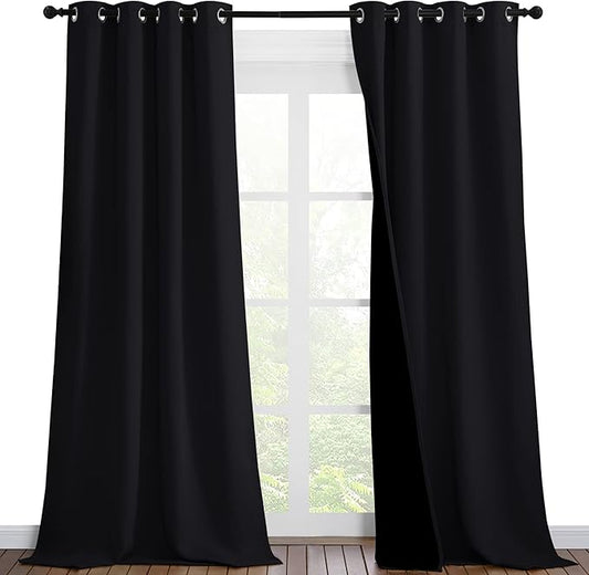 NICETOWN High-End Thermal Curtains, Full Blackout Curtains 90 Inches Long for Dining Room, Soundproof Window Treatment Drapes for Hall Room, Black, 46" Wide Per Panel, Set of 2 Panels