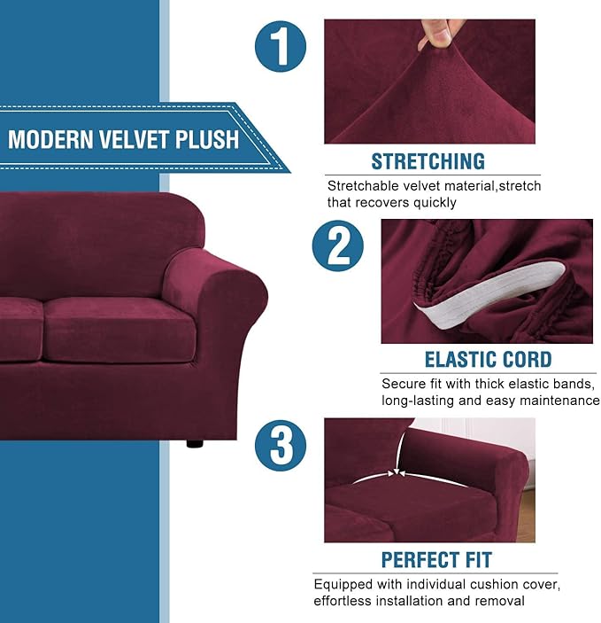 H.VERSAILTEX Real Velvet Plush 3 Piece Stretch Sofa Covers Couch Covers for 2 Cushion Couch Sofa Slipcovers Width Up to 90 Inch Feature Thick Soft Stay in Place (Large Sofa, Burgundy)