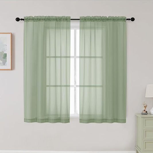 Sage Green Sheer Curtains for Bedroom Living Room 45 Inch Length 2 Panels, Soft Light Filtering Small Kitchen Window Curtains, Rod Pocket Short Curtain Drapes, Sage Green, 42" Wx45 L Inches