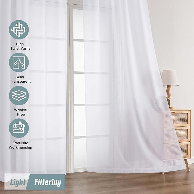 White Sheer Curtains for Window 96 Inches Long 2 Panels Set, Soft Airy Light Filtering Voile Sheer Curtains for Living Room Bedroom, Dual Rod Pocket Elegant Window Drapes, 2x42Wx96L Inches