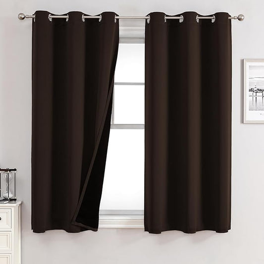 ChrisDowa 100% Blackout Curtains for Bedroom with Black Liner, 2 Thick Layers Total Blackout Thermal Insulated Grommet Window Curtains 2 Panels Set (Brown, 42 x 63 Inch)