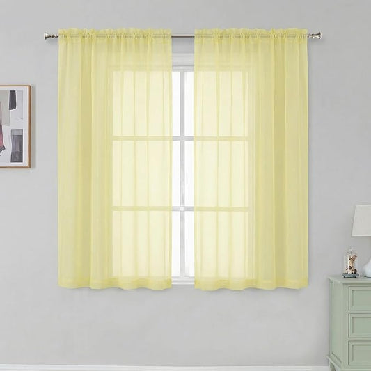 Simplebrand Light Yellow Short Sheer Curtains 45 Inch Length for Small Windows, Rod Pocket 2 Panels Set Solid Voile Drapes Window Sheer Curtains for Bedroom Bathroom Kids Room Kitchen, 42x45 Inch